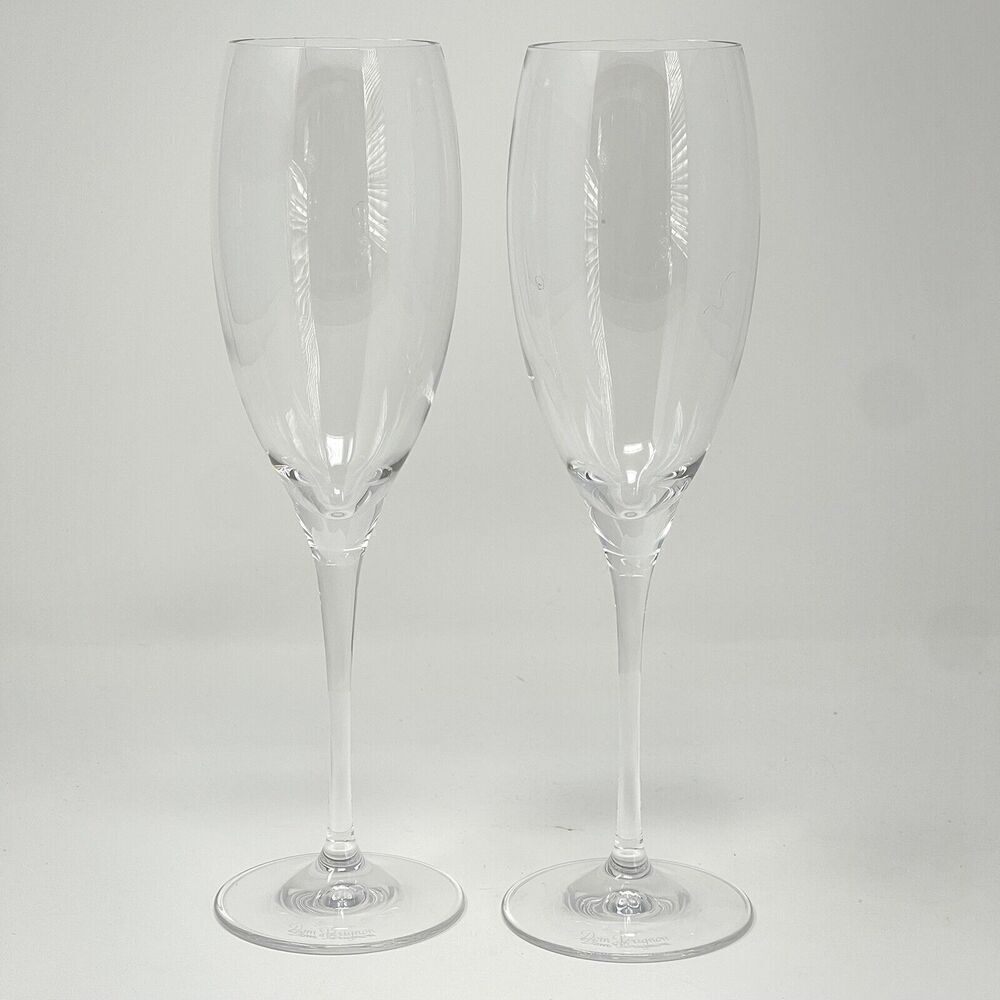 DOM PERIGNON Champagne Flutes Etched Shield Logo Crystal 9" France Set Of 2